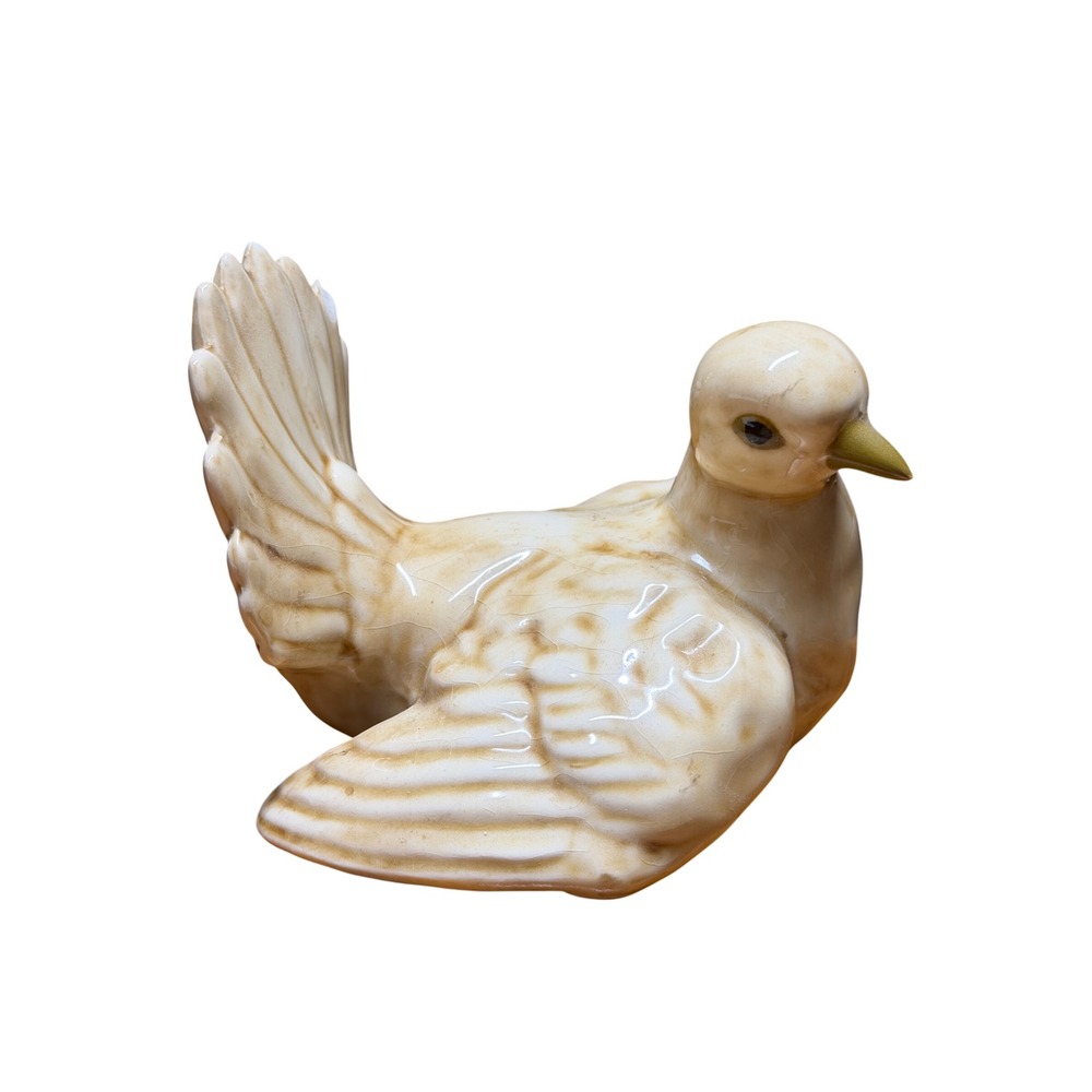 Vintage Ceramic Dove Figurine Japan Cream Brown Bird Statue Pigeon Crazed Glaze